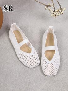 1 Pair Girls' White Hollow Knit Mary Jane Shoes, Comfortable Breathable Mesh Flat Casual Shoes For Daily And School Wear - White - View 6