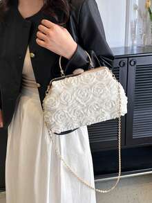 Dedoo 3D Rose Oval Hard Frame Clutch, Rhinestone Kiss Lock, Detachable Chain, Sweet Romantic Women's Handbag, Suitable For Bride Formal Occasions (Random Pattern) - White - View 8