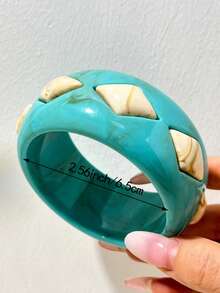 Contrast Marble Pattern Resin Wide Bracelet, Marble Texture Design, Luxury Inlaid Colorful Stones, Thick Exaggerated Niche Design Jewelry Bangle - Multicolor B - View 6