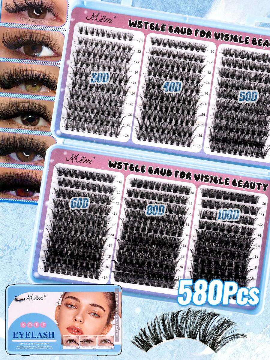 MEM 580pcs D-Roll DIY False Eyelash Clusters, D-Roll Eyelash Clusters, D-Roll 10-18mm Mixed Natural Eyelash Extensions, Super Dense Long Eyelash Clusters, Curled Single Eyelashes, Cartoon Effect Eyelashes, Suitable For Beginners To Use At Home