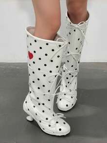 Polka Dot Red Heart Multi-Bow Stacked Knee-High Boots, Plus Size Women's Fashion Mini Kitten Heel Boots - White - View 1