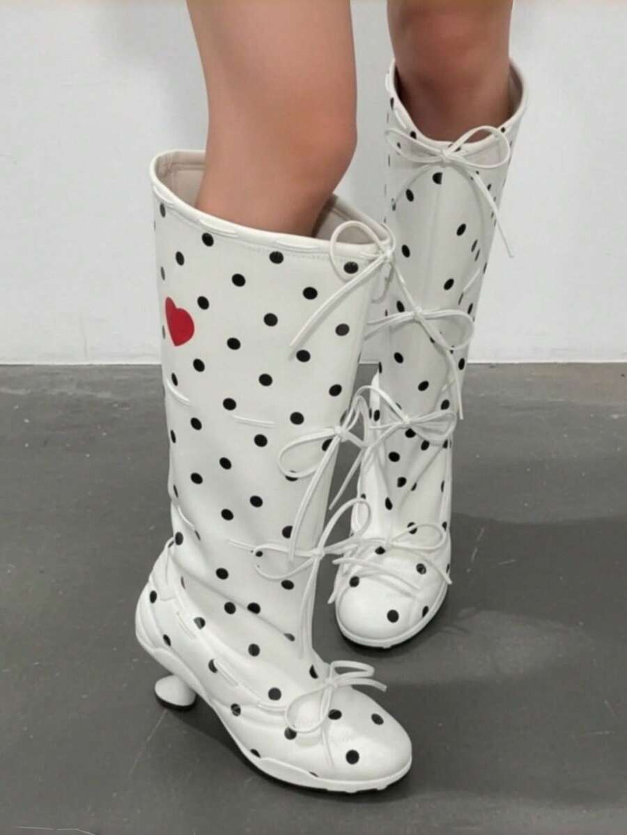 Polka Dot Red Heart Multi-Bow Stacked Knee-High Boots, Plus Size Women's Fashion Mini Kitten Heel Boots - White - View 1