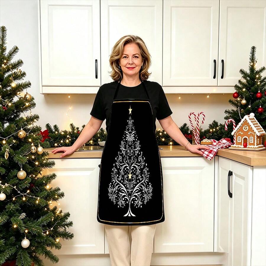 1pc Christmas Santa, Christmas Bells, Christmas Snowflakes, Christmas Reindeer, Christmas Tree, Christmas Snowman, Christmas Penguin, Christmas Cartoon Animal Pattern Chef Apron, Apron, Suitable For Home Decor And Kitchen Use. Made Of 100% Polyester Material, Designed As Sleeveless Style, Perfect For Home Kitchen, Outdoor BBQ Cooking. This Printed Apron Is Unisex, Machine Washable And Reusable, An Essential Kitchen Item - Multicolor - View 1