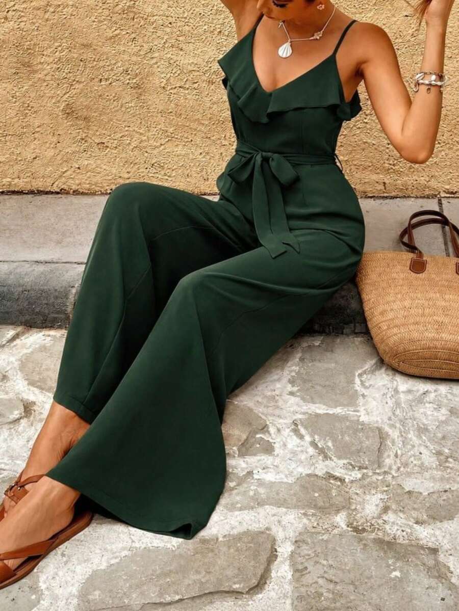 Women's Spaghetti Strap, V-Neck, Ruffle, Belted Long Sandy Jumpsuit, 36506 - Green - View 1
