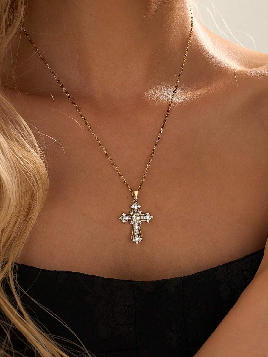 1 pieza Collar con colgante de cruz de circonita de lujo para mujeres - Amarillo Oro - Ver 1