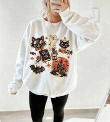 Women's Round Neck Sweatshirt,Vintage Halloween Black Cat Ghost House Pattern Long Sleeve Casual Autumn Pullover,Women's Autumn Clothing - White - View 1