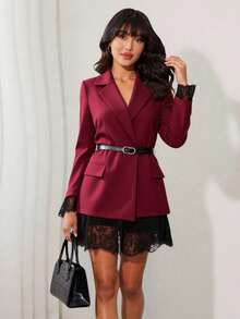 1pc Colorblock Woven Fabric Belt Lace Patchwork Jacket Office Formal Evening Party Tea Party Autumn - Burgundy - View 5