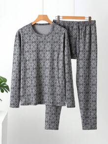 2pcs/Set Men's Printed Thermal Underwear Set, Brushed Fleece Autumn/Winter Pajamas, Loungewear, Long Sleeve Top And Long Pants - Grey - View 1
