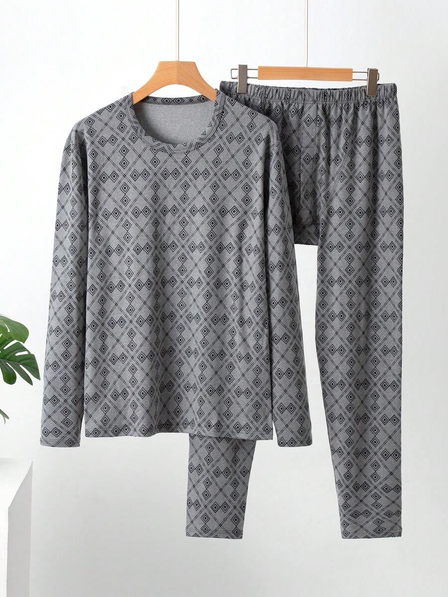 2pcs/Set Men's Printed Thermal Underwear Set, Brushed Fleece Autumn/Winter Pajamas, Loungewear, Long Sleeve Top And Long Pants - Grey - View 1