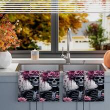 2/4/48pcs Halloween Series Pink Flower Skull Skeleton Pattern Printed Kitchen Towels - Ultra Soft, Highly Absorbent Polyester Dishcloths And Hand Towels, Perfect For Holiday Decor, Kitchen Decor, Party Decor - Multicolor - View 4