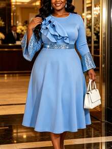 AOMEI Plus Size Women's Elegant Noble Luxurious Blue Mid-Length A-Line Dress, Long Flared Sleeve Design, Round Neck With Ruffle Trim, Suitable For Wed - Baby Blue - View 2