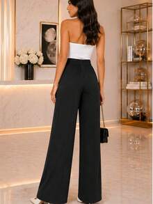 Women's Wide Leg Pants With Zipper And Button In Duna Fabric - Black - View 2