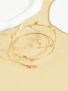 1pc Minimalist Creative Leaf Line Inlaid Flower Arm Cuff Bracelet Suitable For Daily Wear - Gold - View 4