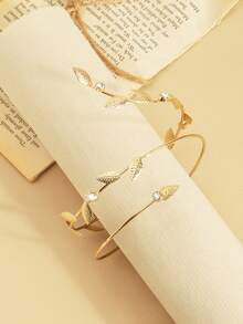 1pc Minimalist Creative Leaf Line Inlaid Flower Arm Cuff Bracelet Suitable For Daily Wear - Gold - View 3