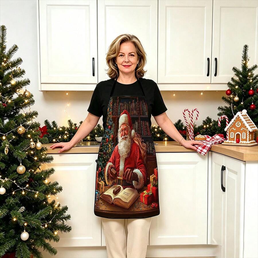 1pc Christmas Santa Claus, Christmas Bell, Christmas Snowflake, Christmas Reindeer, Christmas Tree, Christmas Snowman, Christmas Penguin, Christmas Cartoon Animal Pattern Chef Apron, Apron, Suitable For Home Decor And Kitchen Use. Made Of 100% Polyester Material, Designed As Sleeveless Style, Perfect For Home Kitchen, Outdoor BBQ Cooking. This Printed Apron Is Unisex, Machine Washable And Reusable, A Kitchen Essential - Multicolor - View 1