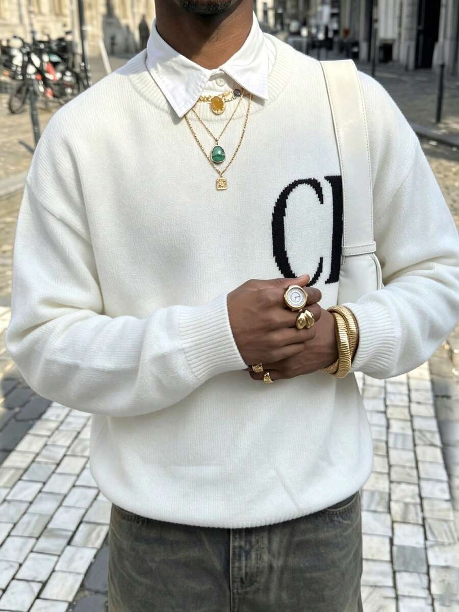 ANDREILEE ANDREILEE Jersey holgado y ligero con patrón de letras intarsia, adecuado para primavera, otoño e invierno, para hombres y mujeres - Blanco - Ver 1