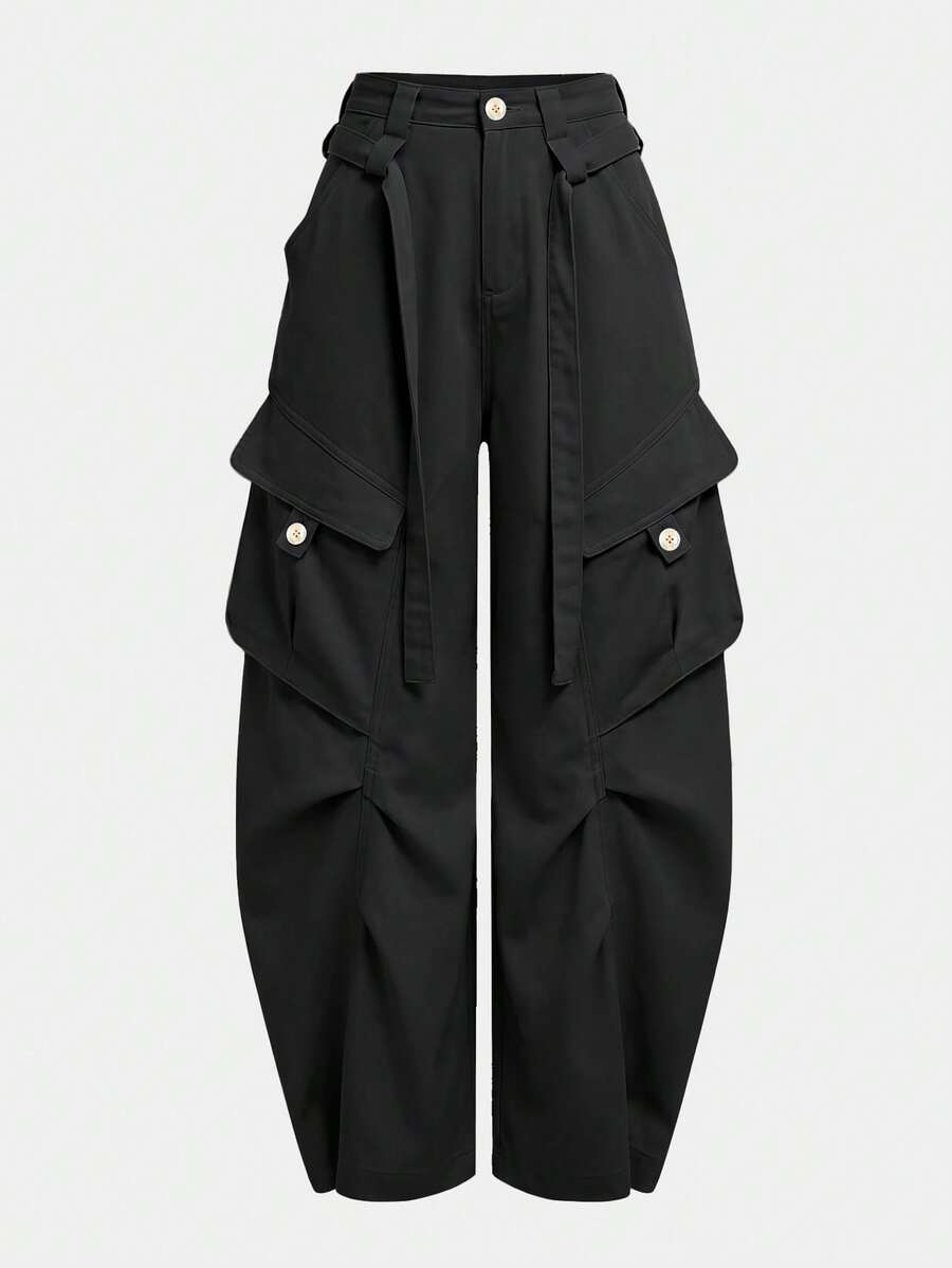 UREREM Women's Solid Color Woven Fabric Cargo Tassel Wide Leg Pants, Suitable For Home, Travel, School, Spring, Summer, Autumn, Winter Black - Black - View 1