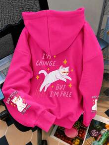 Women's Plus Size Fuchsia Hooded Sweatshirt With Playful Cat Graphic, Long Sleeve Drawstring Pullover, Suitable For Autumn/Winter, Dopamine Style, Streetwear, Versatile Loose Fit, Flattering Slimming, Suitable For Daily Wear, Layering - Hot Pink - View 3