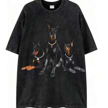 2026 New Arrival Summer Unisex Cerberus Doberman Graphic T-Shirt,Sleeve Tee, Gothic Three-Headed Dog Print Oversized Top For Streetwear - 黑2 - 查看 1