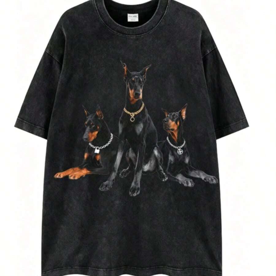2026 New Arrival Summer Unisex Cerberus Doberman Graphic T-Shirt,Sleeve Tee, Gothic Three-Headed Dog Print Oversized Top For Streetwear - 黑2 - 查看 1