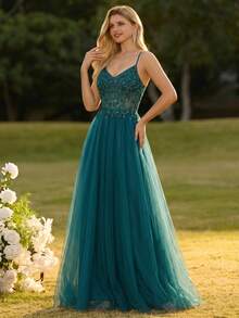 Women's Elegant Mesh Patchwork Cinched Waist Evening Party Dress - Dark Green - View 3