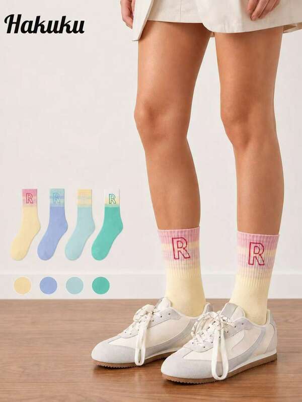 2 Pairs/4 Pairs 4-Color "R" Letter Random Gradient Style All-Season Autumn/Winter Sports Mid-Calf Socks, Japanese Couple Sweet Versatile College Student Style Rainbow Gradient Women's Mid-Calf Socks