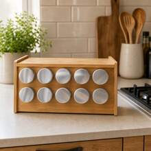 29cm Wood Storage Organizer With 10 Compartments, Round Spice Container For Kitchen Countertop Storage - Redwood - View 2