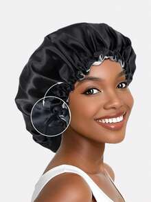 1pc Women's Double Layer Satin Sleep Cap With Adjustable Buckle, Suitable For Daily Use - Black - View 5