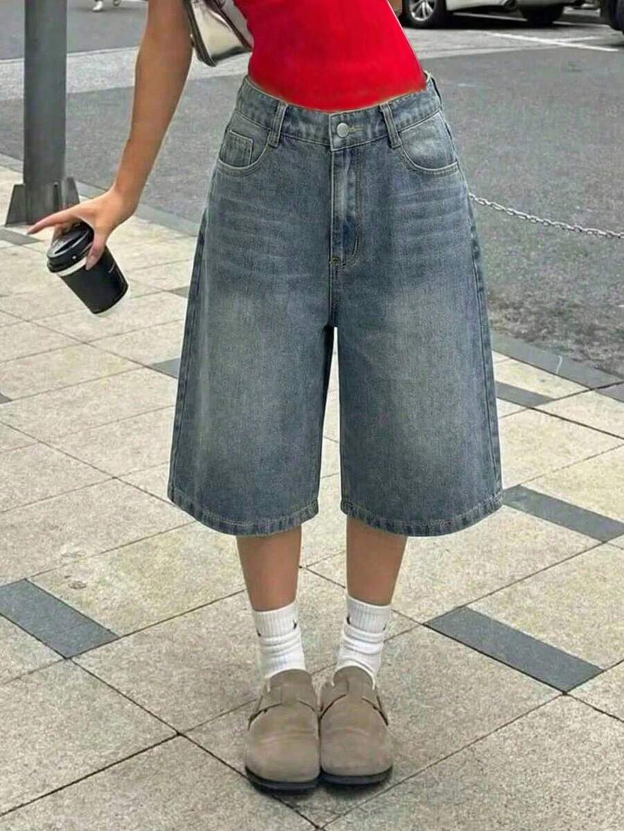 Teen GirlTrendy Distressed Black Oversized Wide Leg Denim Capri Pants, Streetwear Style - Royal Blue - View 1