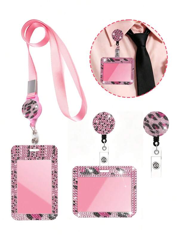 Pink Leopard Print Rhinestone ID Card Holder With Lanyard, ID Card Storage Box, Anti-Loss Lanyard, Student ID Card Holder, Self-Service Restaurant Card Holder, Sliding Cover, Dual Card Slots, Small Card Slot, Bus Card Holder, Non-Induction, Bank Card Holder, Subway Card Storage, Adjustable Portable ID Card Holder Decorative Keychain, Suitable For Office Workers And Students, Perfect Gift, Back To School Gift, Couple Card Holder, Bank Card Holder, Travel Essential, Back To School, Commuting, Business Trip, Teacher's Day Gift
