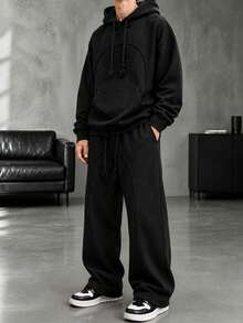 HEYKESON Men's Hoodie & Wide Leg Sweatpants 2 Pieces Loose Casual Sports Set - Black - View 5