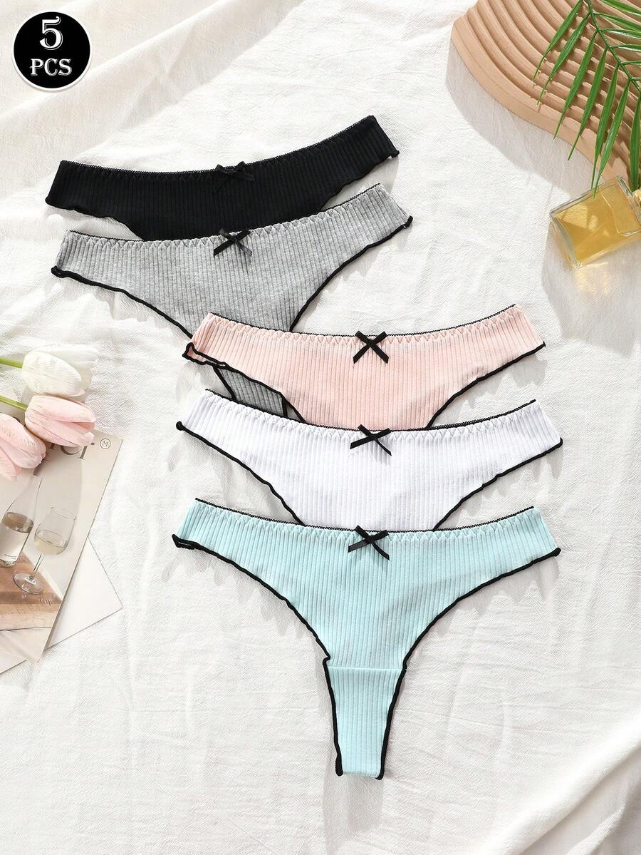 5 قطع/عبوة سراويل داخلية نسائية مضلعة منخفضة الخصر مزينة بفيونكة حلوة، سراويل G-String مريحة، سراويل T-Back ناعمة بتصميم بسيط V-String، موسم العودة إلى المدرسة - متعدد الألوان - مشاهدة 1