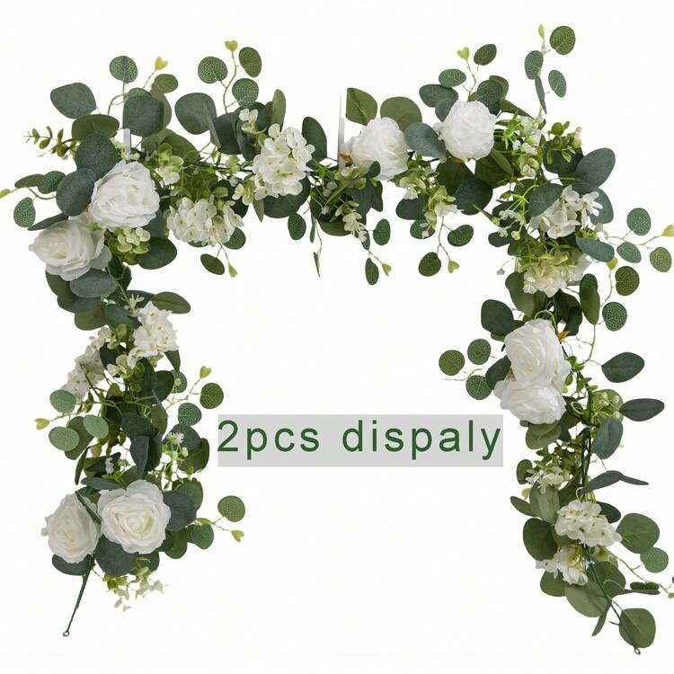 1pc 1.8m Artificial Rose Vine Garland With Green Leaves, Faux Rose Vine Hanging Decor For Room, Party, Home, Wedding, Birthday, Christmas Wall Arch Decoration, Spring Red Flowers - 60-head Eucalyptus Rose - White - View 5
