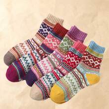 1/5 Pairs Contrast Color Mid-Calf Socks, Thick Christmas Socks, Warm, Antibacterial, Moisture-Wicking, Comfortable, With Colorful Patterns And Stripes - Multicolor - View 3