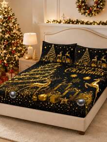 3PCS Winter Christmas Atmosphere Bedding Set, (1PC Fitted Sheet + 2pcs Pillowcases, Pillow Inserts Not Included,) Polyester Digital Print, Black & Gold Luxury Christmas Golden Reindeer & Christmas Tree Pattern, Cartoon Cozy Christmas Non-Slip Bedding Set, Machine Washable, Bedroom Holiday Home Textile - Multicolor - View 14