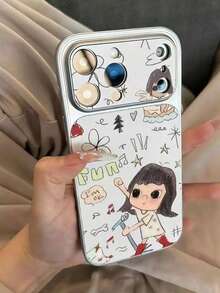 1pc Large Window Full-Screen Line Bow Phone Case, White Quickly Changes To Litchi Texture, Suitable For 13/14/15/16/17 PRO PROMAX PLUS And Other Full Coverage Large Window Phone Cases - Singing Girl - View 3