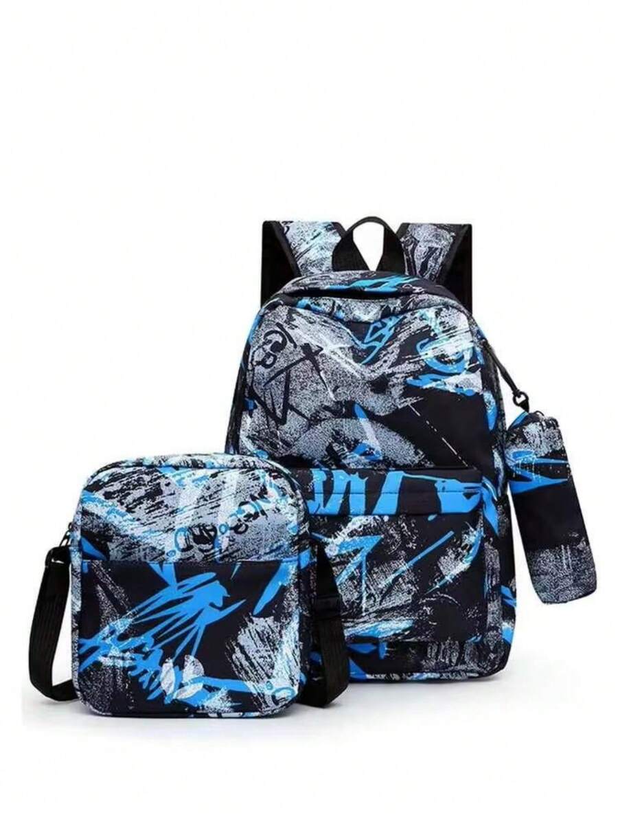 Men's 2-Piece Graffiti-Print Nylon Backpack And Crossbody Bag Set, Street Style, Suitable For Teenage Boys To Go To School (Back-To-School Backpack). - Blue - View 1