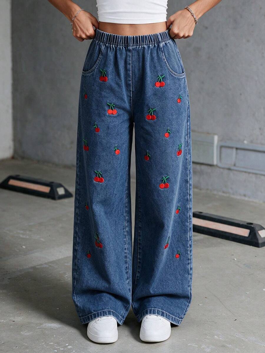 Tween Girls' Elastic Waist Denim Wide Leg Long Pants, All-Over Cherry Embroidery Washed Soft Denim Straight Leg Pants, Children's Casual Versatile Loose Long Pants - Blue - View 1