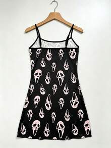 2pcs Women's Halloween Costume, Gothic Dark Style "Scream" Mask Print Nightgown, Summer Sexy Spaghetti Strap Loungewear - Multicolor - View 3