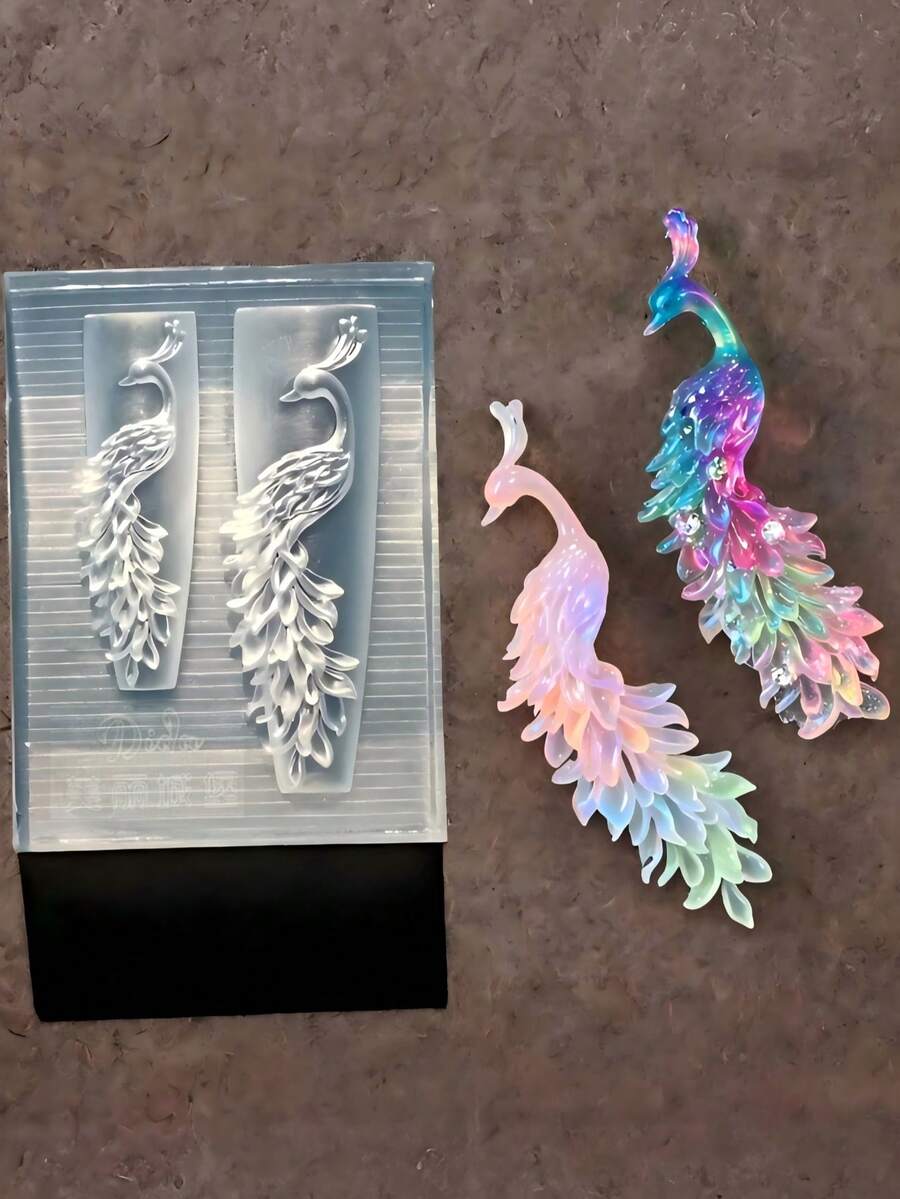 雙風格孔雀矽膠模具,中式鳳凰與孔雀浮雕樹脂模具,DIY水晶樹脂髮簪吊墜飾品手工翻模 - 孔雀 - 查看 1
