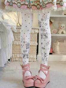 Harajuku Animecore Cute Cat Doodle Print Tights Novelty Graphic Hosiery Cosplay Accessories - White - View 1