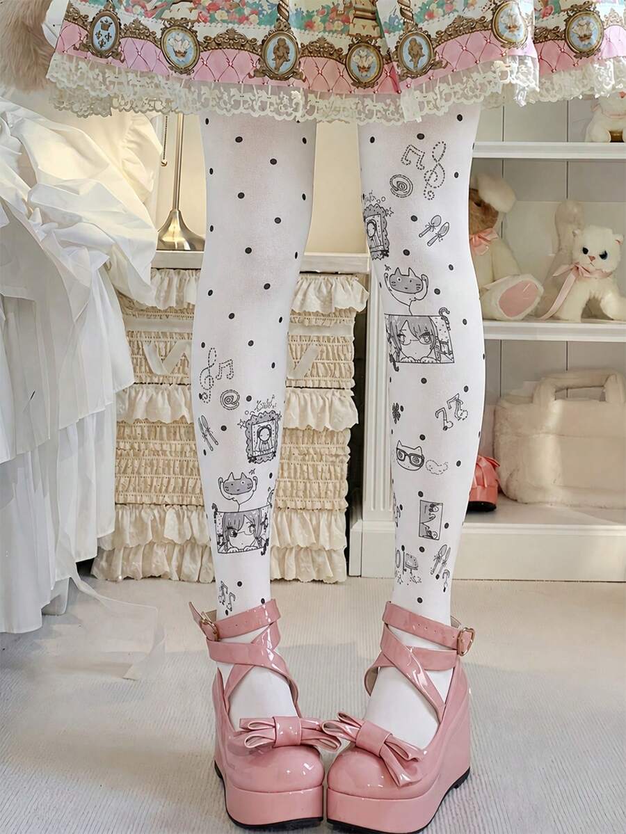 Harajuku Animecore Cute Cat Doodle Print Tights Novelty Graphic Hosiery Cosplay Accessories - White - View 1