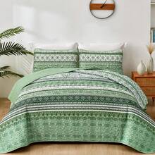 3 Pieces Boho Queen King Size Quilt Sets, Light Green Bohemian Quilted Bedding Set, Soft Lightweight Microfiber Bedspread For All Season Home Decor Room Decor Bedroom Decor Bed Comforter Set For Wedding Halloween Christmas Gifts - 淺綠色 - 查看 8