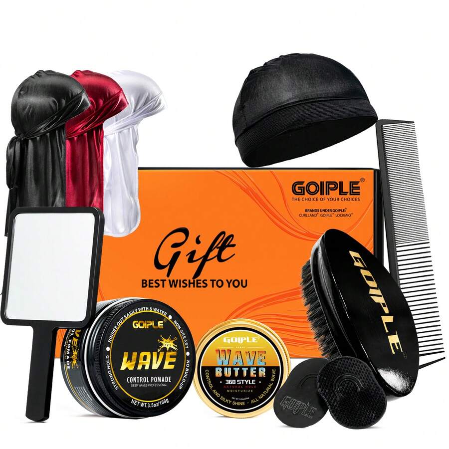 Goiple Men's 360 Wave Pomade Hair Builder Kit For Wavy Hairstyle, Strong Hold Long-Lasting Pomade & Wave Butter,Easy Rinse For Silky Shiny Frizz-Free Waves,Includes Curved Wave Brush, Durag Long Tail Wide Straps Cap,Comb & Mirror For Daily 360 Wave Training