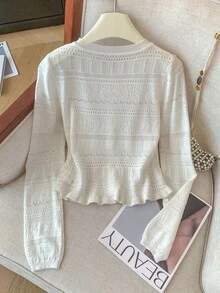 Korean Style Office Casual Hollow Knit Cardigan Women's Autumn/Winter Outfit Versatile Top - White - View 4