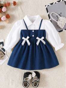 Spring/Autumn Sweet & Cute Baby Girl Dress, Collared Half-Open Front, Long Sleeve With Cuffs, Bow Decor, Waist-Cinched 2 In 1 Dress - Dark Wash - View 1