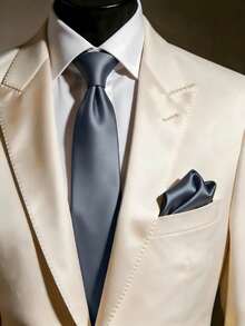1 Set Men's Solid Color 8cm Satin Tie & Pocket Square Set, Business Tie & Handkerchief Set - Dark Grey - View 3
