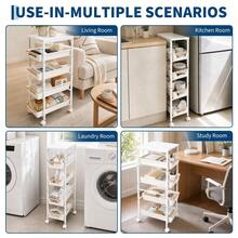 Danolapsi 5-Tier Slim Rolling Storage Cart, Wooden Top Narrow Kitchen Carts On Wheels With Pull-Out Baskets, Mobile Shelving Unit Organizer For Kitchen, Bathroom, Laundry Room, Small Spaces - White- 8.1" W - View 7