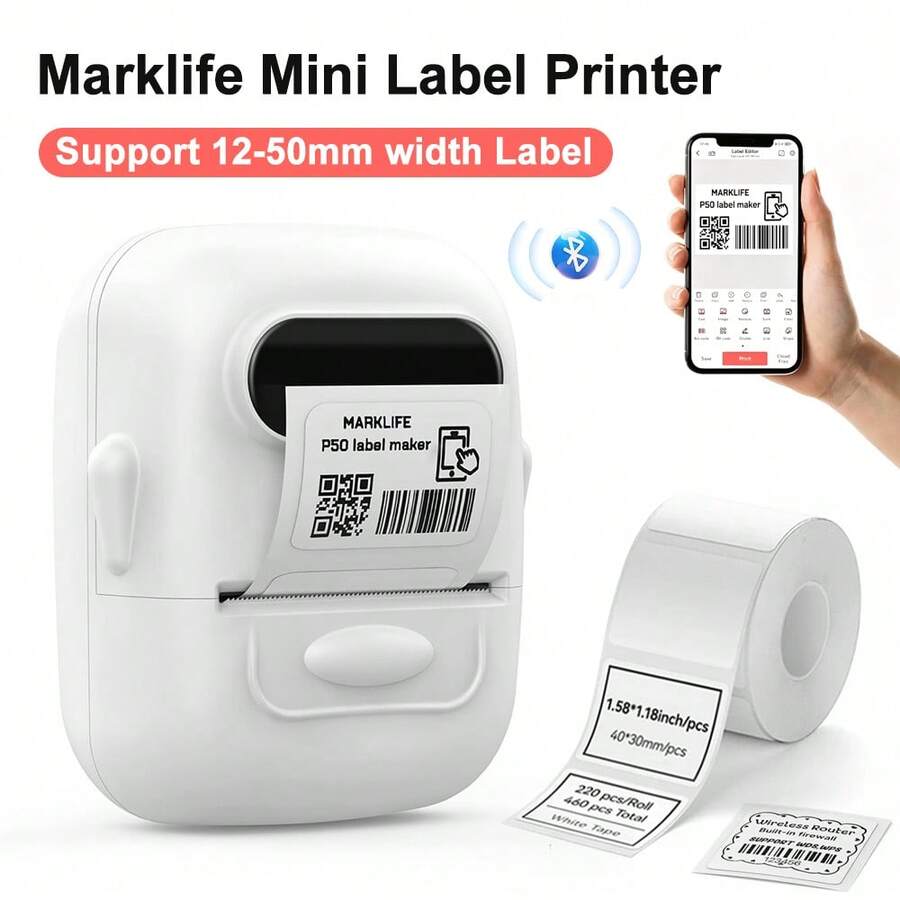 Marklife P50 Mini Portable Label Printer Support 12-50mm Self-Adhesive Labels Thermal Printer Sticker Printing Machine Pocket Inkless Bluetooth Adhesive Labels Maker Name Tag Labeller