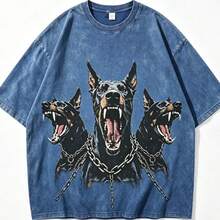 2026 New Arrival Summer Unisex Cerberus Doberman Graphic T-Shirt,Sleeve Tee, Gothic Three-Headed Dog Print Oversized Top For Streetwear - 藍色 - 查看 7